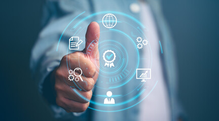Poster - Hand shows the sign of the top service Quality assurance, Guarantee, Standards, ISO certification and standardization concept, satisfaction, service experience.