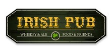 Irish Pub Wooden Signboard. Tavern Shabby Billboard With Green Shamrock And Golden Letters Restaurant And Celtic Beer Vector Emblem
