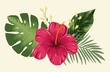 Composition of tropical flower hibiscus and leaves palm and monstera on a light background. Vector