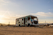 Abandoned RV With A Lot Of Graffiti In The Middle Of The Desert