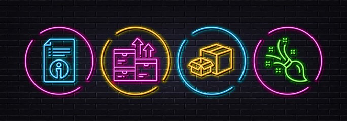 Poster - Wholesale goods, Technical info and Packing boxes minimal line icons. Neon laser 3d lights. Brush icons. For web, application, printing. Warehouse inventory, Documentation, Delivery box. Vector