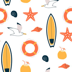 Wall Mural - Summer pattern. Vector seamless pattern with summer symbols, such as surfboard, seagull, lifebuoy, and starfish. Isolated on white.