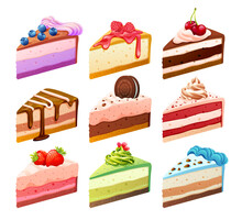 Set Of Various Sweet Cake Pieces Cartoon Illustration