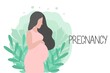 © fancykeith - A happy pregnant woman holds her stomach. Pregnancy. Happy pregnancy. Flat vector cartoon illustration.