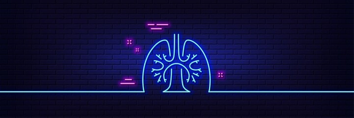 Neon light glow effect. Lungs line icon. Pneumonia disease sign. Respiratory distress symbol. 3d line neon glow icon. Brick wall banner. Lungs outline. Vector