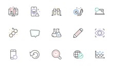 Chat Message, Creative Design And Chemistry Lab Line Icons For Website, Printing. Collection Of Engineering, Eye Detect, Recovery Phone Icons. Cyber Attack, Time Management. Vector
