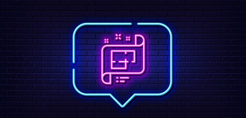 Poster - Neon light speech bubble. Architectural plan line icon. Technical project sign. Neon light background. Architectural plan glow line. Brick wall banner. Vector