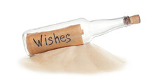 Wish List In Corked Glass Bottle With Sand Isolated On White