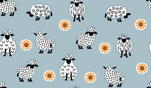 Stylized Seamless Pattern With Black White Sheep And Yellow Sunflowers On Blue.Childish Background And Texture For Printing On Fabric And Paper.Vector Hand Drawn Illustration For Design Card,cover.
