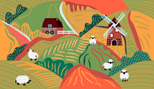 Seamless Pattern With Colorful Rural Landscape.Sheep, Windmill, Farmhouse, Fence, Hills, Fields.Natural Background And Texture For Printing On Fabric And Paper.Vector Hand Drawn Illustration.