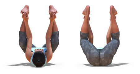 Wall Mural - Front and Back Poses of a Woman in Yoga Happy Baby Pose on white