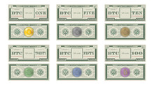 Vector Set Of Paper Bitcoins With Denominations From 1 To 100. Samples Of The Obverse And Reverse Of Play Money. Empty Square