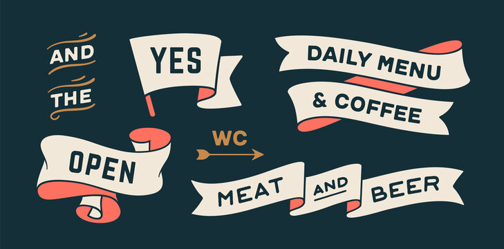 Vintage graphic set. Ribbon, flag, arrow, board with text Yes, Open, Menu, Coffee, Beer, WC sign. Set of ribbon banner and retro graphic. Isolated vintage old school set shapes. Vector Illustration