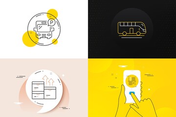 Minimal set of Wholesale goods, Parking place and Bus parking line icons. Phone screen, Quote banners. Bus tour icons. For web development. Warehouse inventory, Transport, Public park. Vector