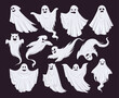 Cartoon halloween ghost, ghosted spooky spirit and mysterious phantoms. Spooky flying phantom ghosts vector symbols illustrations set. Mysterious night shadows characters
