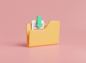 Leinwandbilder - 3D rendering illustration of download folder icon isolated on pink background. Data storage, computer folder, Download Data, paper icon, arrow. File management concept. cartoon minimal style