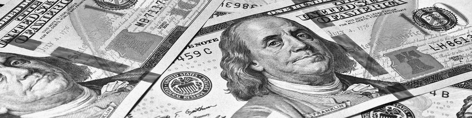 Wall Mural - american paper money. 100 dollar and other us bills. black and white banner or header. savings econo