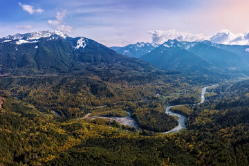 panoramic view of the chilliwack river, the valley and the peaks of macfarlane, crossover and slesse