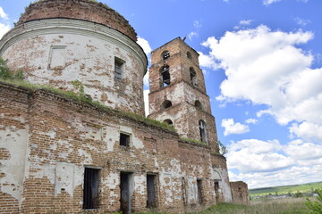 ruined brick temple in field, abandoned church. Ruins of a brick church. Ulyanovsk region Russia