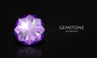Vector Horizontal Banner with 3d Realistic Purple Transparent Gemstone, Diamond, Crystal, Rhinestones Closeup on Black. Jewerly Concept. Design Template, Clipart