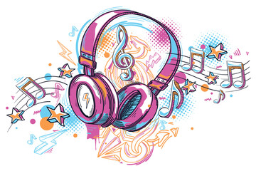 Music design - graffiti drawn headphones and notes