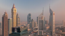 Skyscrapers On Sheikh Zayed Road And DIFC Morning Timelapse In Dubai, UAE.