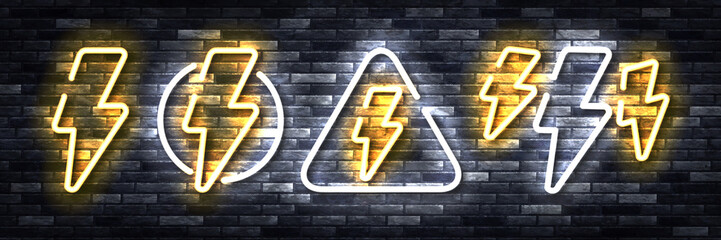 Wall Mural - vector set of realistic isolated neon sign of lightning bolt logo on the wall background.