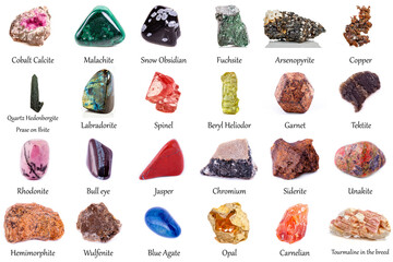 beautiful collection of geological minerals on a white background