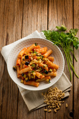 Canvas Print - pasta with eggplants pine nuts tomato and parsley