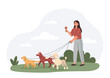 © 100% HAND-CRAFTED - Woman with pets. Young girl on walk with dogs, active lifestyle. Routine and household chores, hostess with her beloved pets in park, summer or spring season. Cartoon flat vector illustration