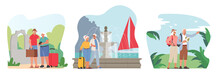 Set Senior Tourists Voyage In Foreign Country. Old Characters Searching Place With Map, Walk At City, Active Pensioners
