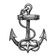 Vintage Anchor With Rope Drawn In Engraving Style. Hand Drawn Seafaring Symbol. Vector Illustration