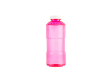 Wall Mural - Liquid for soap bubble. Pink bottle isolated on a white background . Soap bubble liquid.