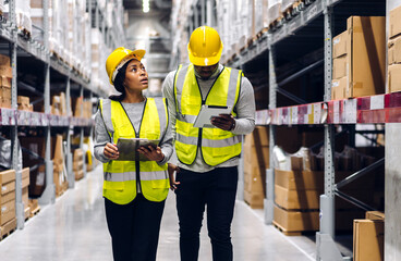 Portrait two african american engineer team shipping order detail on tablet check goods and supplies on shelves with goods inventory in factory warehouse.logistic industry and business export