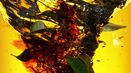 Wall Mural - Super slow motion of pouring black tea into water in twister shape. Fresh green leaves mixing with dry tea. Filmed on high speed cinema camera, 1000fps.