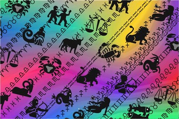 abstract illustration featuring ancient astrology symbols on a rainbow background.