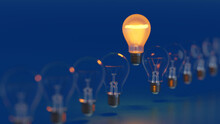 One Being On Light Bulb In Rows Of Darkened Lamp, Leader Innovation Concept, 3D Rendering.