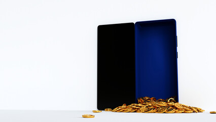 Wall Mural - Gold coin overflow from smartphone display, online business concept, 3D rendering.