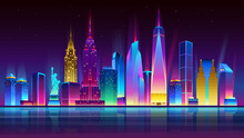 Night New York City Illuminated By Neon Lights. Modern Buildings And Skyscrapers. Vector Illustration.