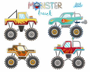 Wall Mural - Vector illustration of hand drawn monster truck cartoon