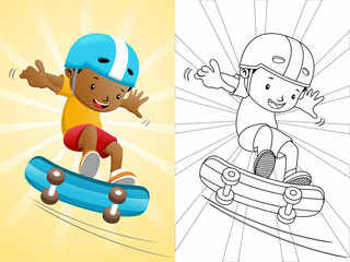 Canvas Print - Boy cartoon playing skateboard. Coloring book or page