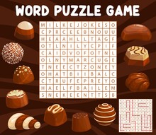 Chocolate Candies And Sweets Word Search Puzzle Game Worksheet. Vector Dessert Food Word Maze, Riddle Or Quiz, Milk And White Chocolate Candies With Nougat, Praline, Truffle And Souffle Fillings