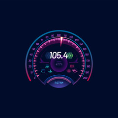 Aufkleber - Futuristic car speedometer gauge dials. Neon led speed meter. Motorbike speedometer vector gauge or tachometer counter, car odometer circle digital display with energy charge, auto service icons