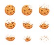 Crumble biscuit cookie animated sprite. Vector crunchy dessert with chocolate pieces whole and bitten disappear animation. Isolated homemade bakery dessert piecess for cartoon game