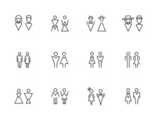 Toilet Icons And Symbols Of Male And Female Restroom. Water Closet Vector Signs Of Isolated Thin Line Silhouettes Of Man And Woman, Lady And Gentleman Figures For Public Toilet