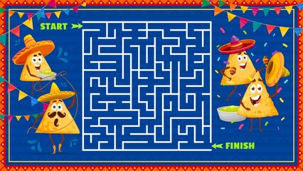 Aufkleber - Cartoon mexican nachos chips characters. Labyrinth maze, kids educational riddle or quiz worksheet with mexican fast food shacks, nachos chips cowboy and musician funny personages in sombrero hats