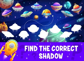 Poster - Find the correct shadow of ufo or alien starship game worksheet. Cartoon vector kids matching logic activity, preschool or kindergarten educational boardgame riddle page for logical mind development