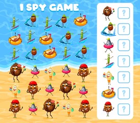 Poster - I spy game. Cheerful nuts on summer vacation. Child math riddle, children counting vector puzzle with calculation activity. Kids educational quiz with coconut, pumpkin and sunflower seed, almond