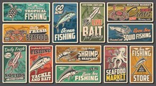 Sea Fishing, Seafood Market Retro Posters. Sea Turtle, Tuna Fish And Squid, Shrimp, Octopus And Marlin, Crab Rod And Hook Engraved Vector. Fishing Live Bait And Tackle Store Vintage Banners Set