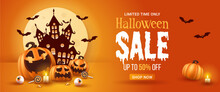 Happy Halloween Sale Banner. Halloween Vector Illustration With Halloween Pumpkins, And Halloween Elements.